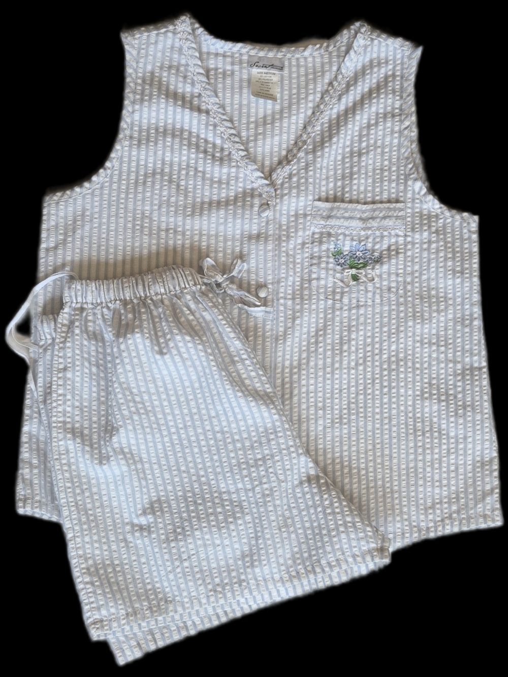 Two piece Pjs short Set. Seesucker. Sleepwear Light blue&white stripes size M